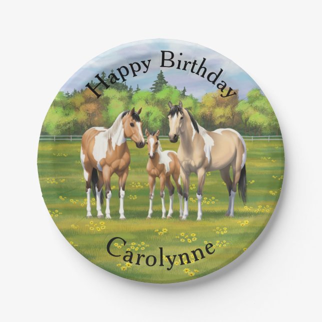 Buckskin Dun Pinto Paint Horses In Summer Pasture Paper Plate (Front)