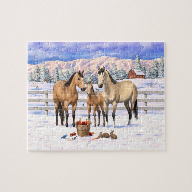 Buckskin Dun Quarter Horses On A Farm In Snow Jigsaw Puzzle (Horizontal)