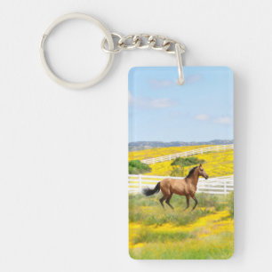 Buckskin Horse Galloping in a Field of Flowers Key Ring
