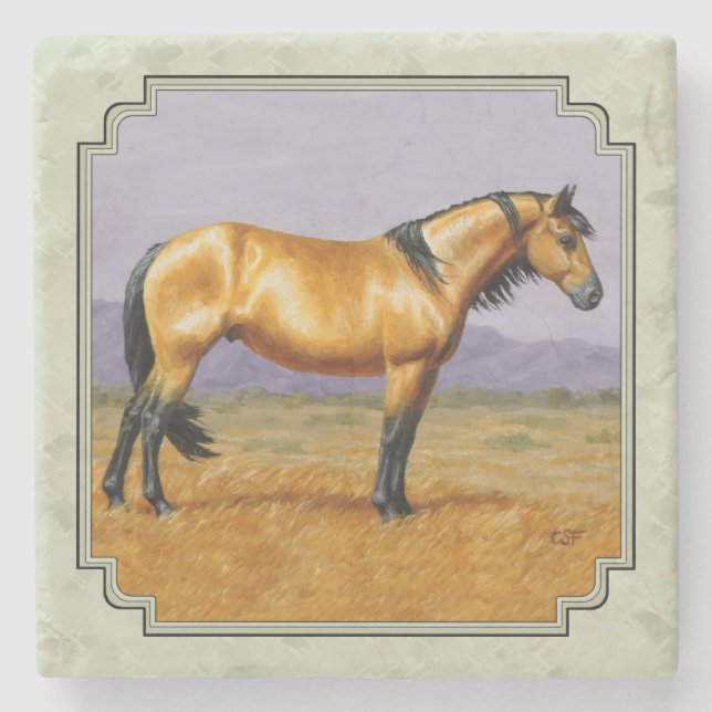 Buckskin Horse Mustang Stallion Sage Green Stone Coaster (Front)