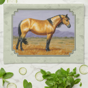 Buckskin Horse Mustang Stallion Sage Green Tea Towel