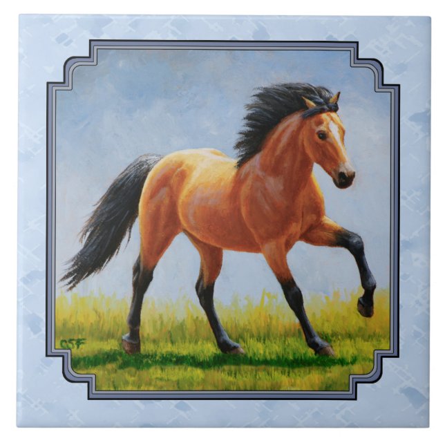 Buckskin Horse Running Light Blue Ceramic Tile (Front)