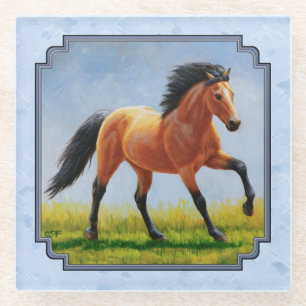 Buckskin Horse Running Light Blue Glass Coaster