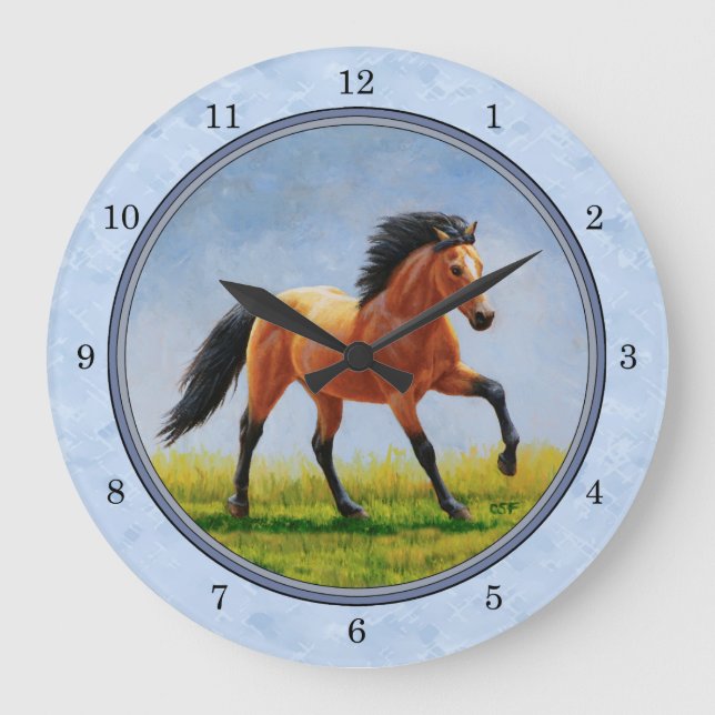 Buckskin Horse Running Light Blue Large Clock (Front)