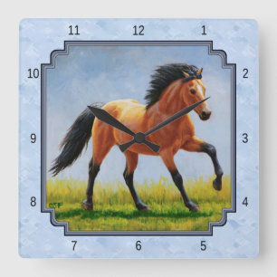 Buckskin Horse Running Light Blue Square Wall Clock