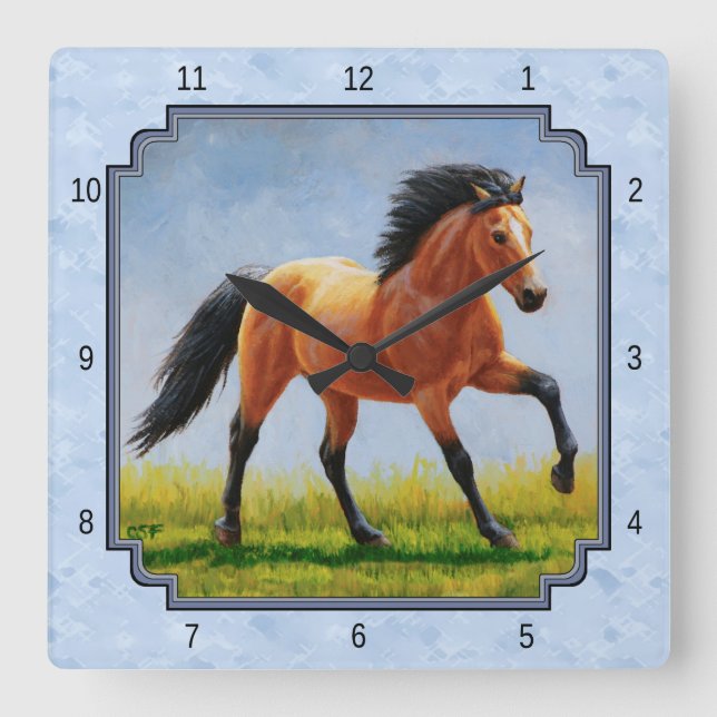 Buckskin Horse Running Light Blue Square Wall Clock (Front)