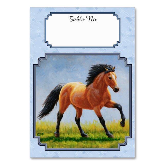 Buckskin Horse Running Light Blue Table Number (Front)