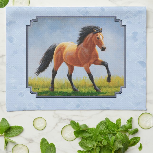 Buckskin Horse Running Light Blue Tea Towel (Folded)