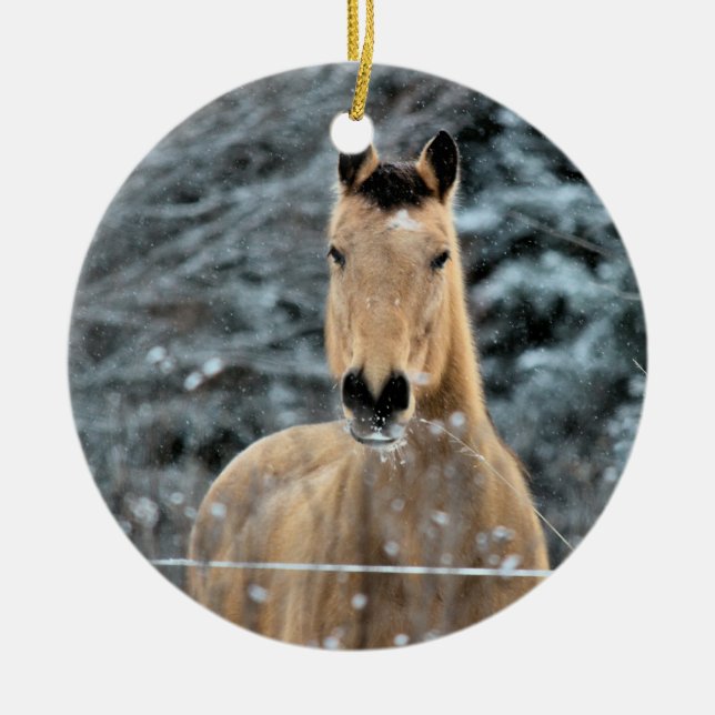 Buckskin Horse Winter Ceramic Ornament (Front)