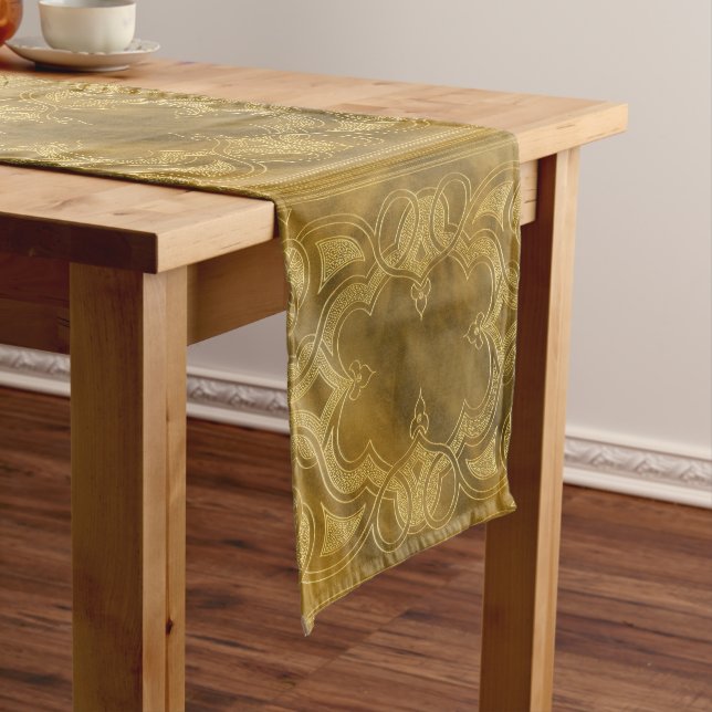 Buckskin Leather Art Deco Frame tan gold Short Table Runner (In Situ)