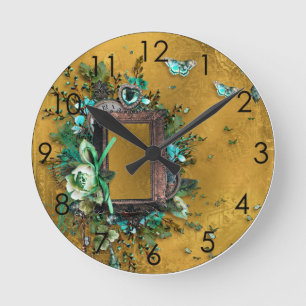 Buckskin Leather Victorian Frame tan butterflies Round Clock