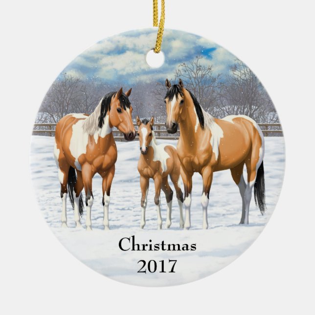 Buckskin Paint Horses In Snow Ceramic Ornament (Front)