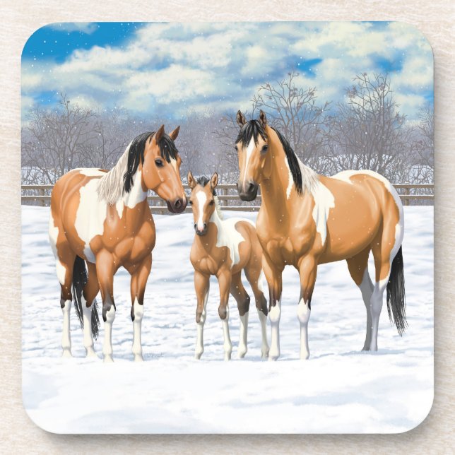 Buckskin Paint Horses In Snow Coaster (Front)