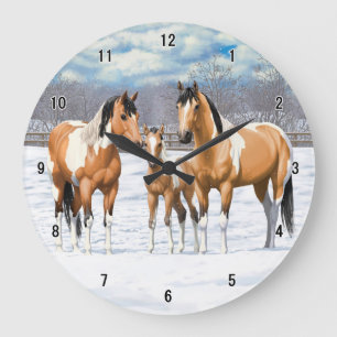 Buckskin Paint Horses In Snow Large Clock