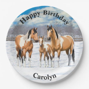 Buckskin Paint Horses In Snow Paper Plate