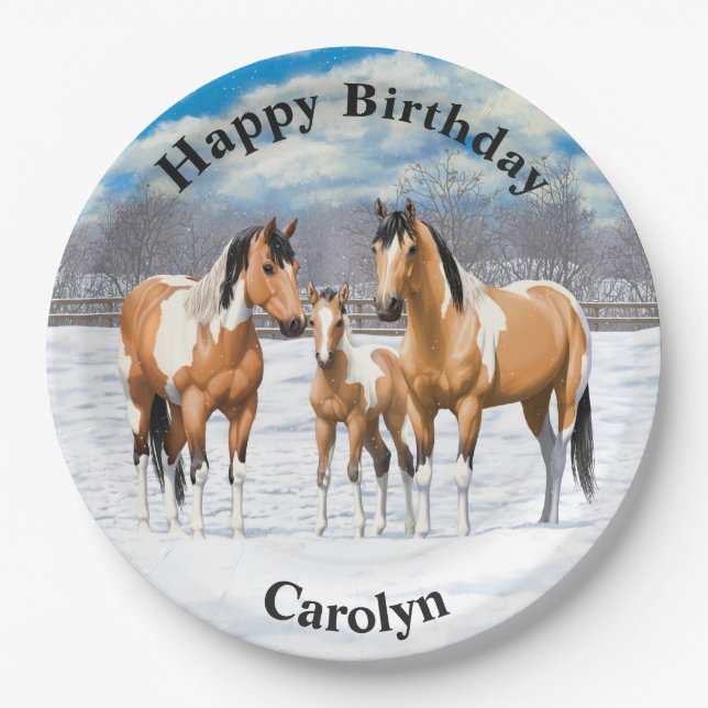 Buckskin Paint Horses In Snow Paper Plate (Front)