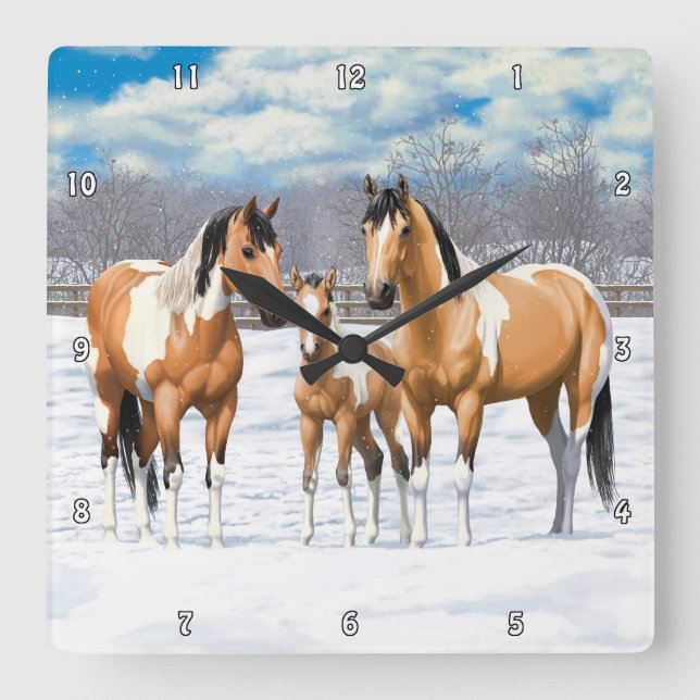 Buckskin Paint Horses In Snow Square Wall Clock (Front)