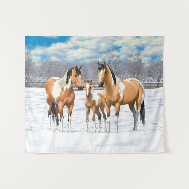 Buckskin Paint Horses In Snow Tapestry (Front (Horizontal))