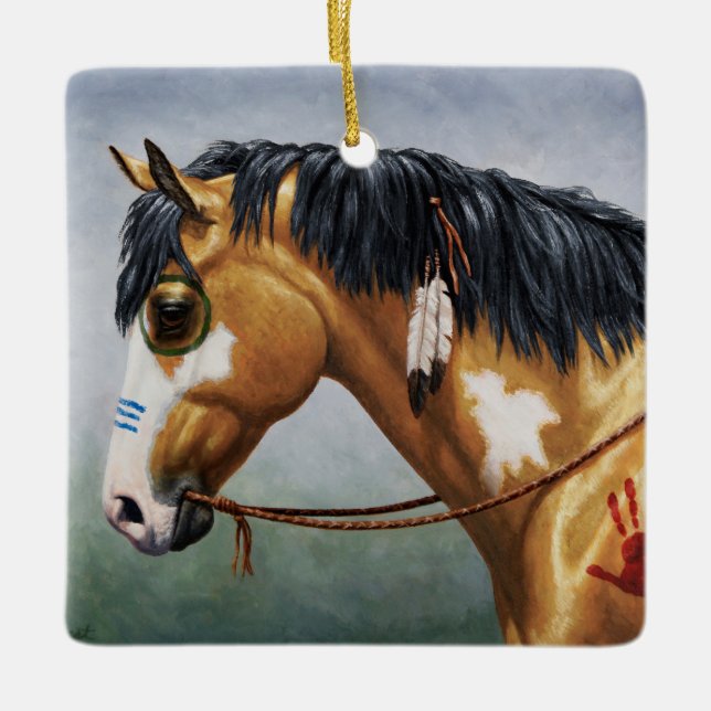 Buckskin Pinto Native American War Horse Ceramic Ornament (Front)