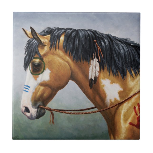 Buckskin Pinto Native American War Horse Ceramic Tile (Front)