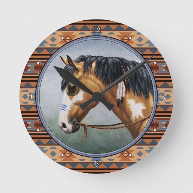Buckskin Pinto Native American War Horse Round Clock (Front)