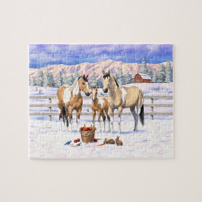 Buckskin Pinto Paint Quarter Horses In Snow Jigsaw Puzzle (Horizontal)