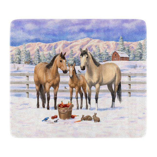 Buckskin Quarter Horses In Snow Cutting Board (Front)