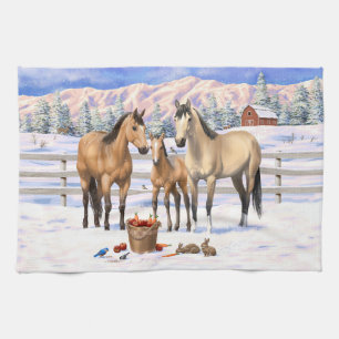 Buckskin Quarter Horses In Snow Tea Towel