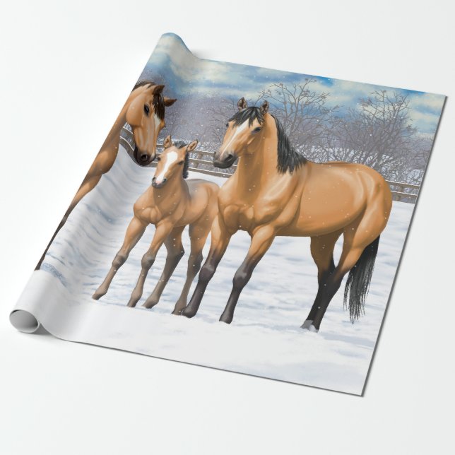 Buckskin Quarter Horses In Snow Wrapping Paper (Unrolled)