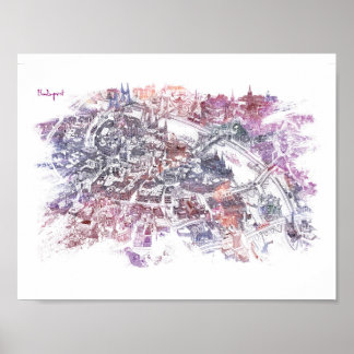 Budapest - Bird's Eye View Map (Purple) Poster