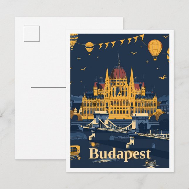 Budapest Hungary Art Vintage Travel Illustration Postcard (Front/Back)