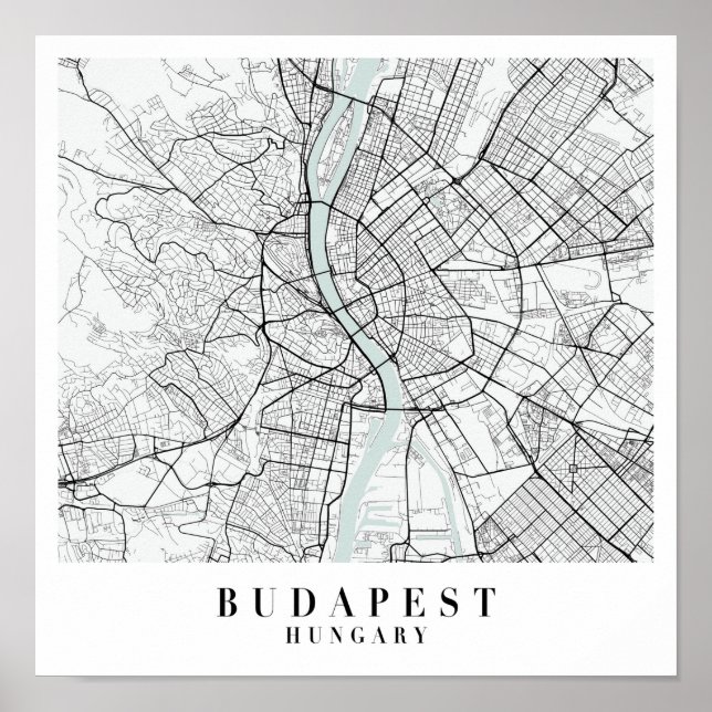 Budapest Hungary Blue Water Street Map Poster (Front)