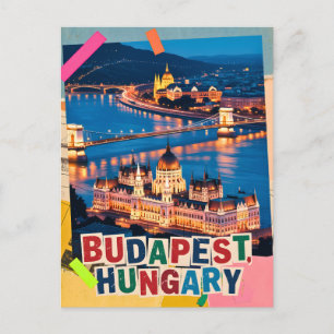 Budapest Hungary Night Cityscape Pop Art Collage Postcard
