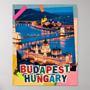 Budapest Hungary Night Cityscape Pop Art Collage Poster