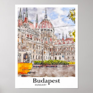 Budapest Hungary Travel Art Watercolor Sketch Poster