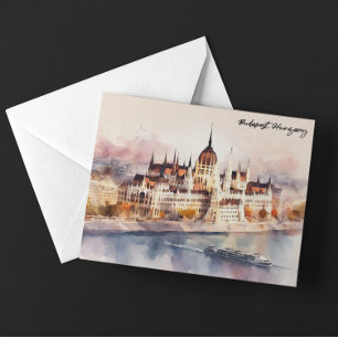 Budapest Hungary Watercolor Painting Panorama View Postcard