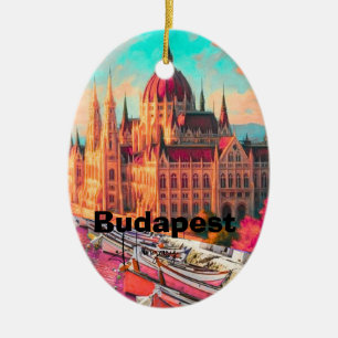 Budapest Travel Postcard Art, Hungary Travel Postc Ceramic Ornament