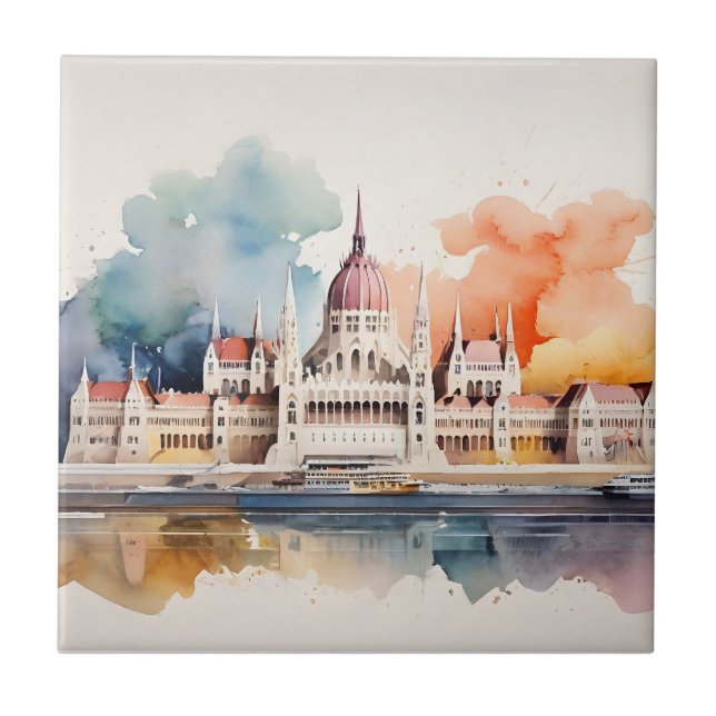 Budapest watercolor art ceramic tile (Front)