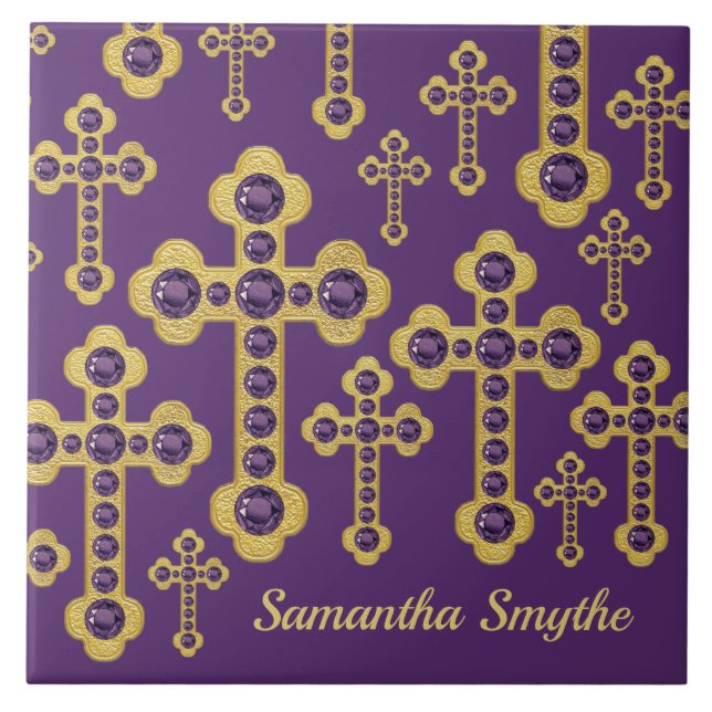 Budded Crosses with 12 Faux Amethysts - Ceramic Tile (Front)
