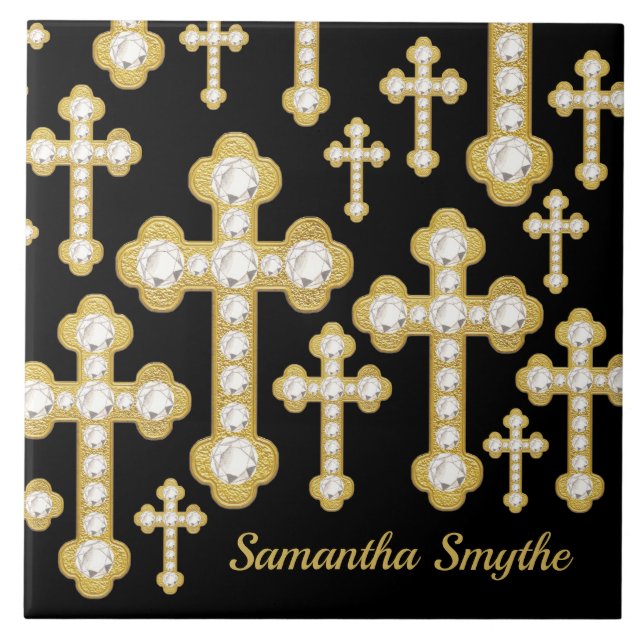 Budded Crosses with 12 Faux Diamonds - Ceramic Tile (Front)