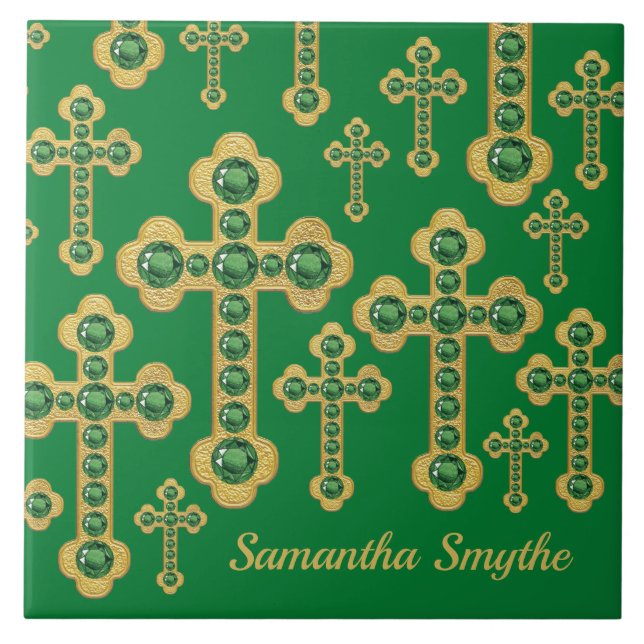 Budded Crosses with 12 Faux Emeralds - Ceramic Tile (Front)
