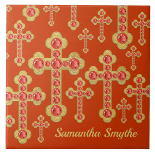 Budded Crosses with 12 Faux Garnets - Ceramic Tile