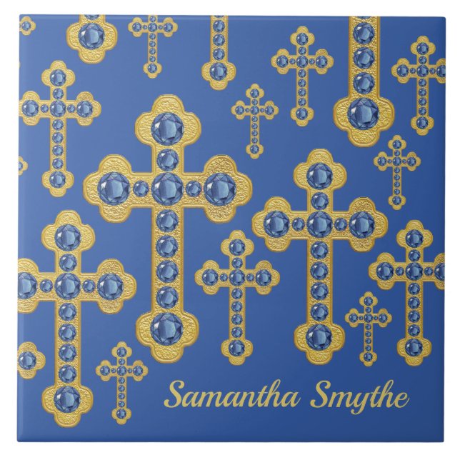 Budded Crosses with 12 Faux Sapphires - Ceramic Tile (Front)