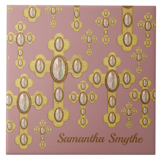 Budded Crosses with 6 Faux Opals - Ceramic Tile (Front)