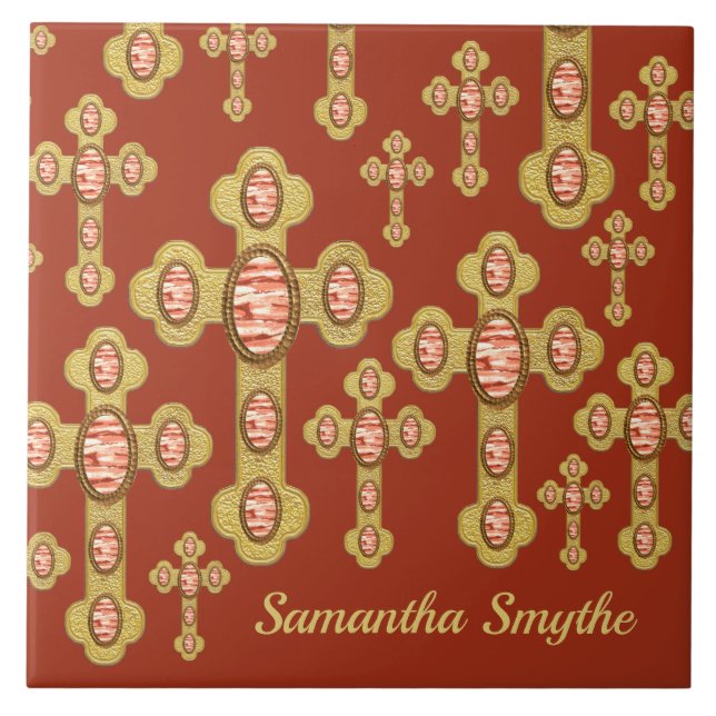 Budded Crosses with 6 Faux Red Agates - Ceramic Tile (Front)