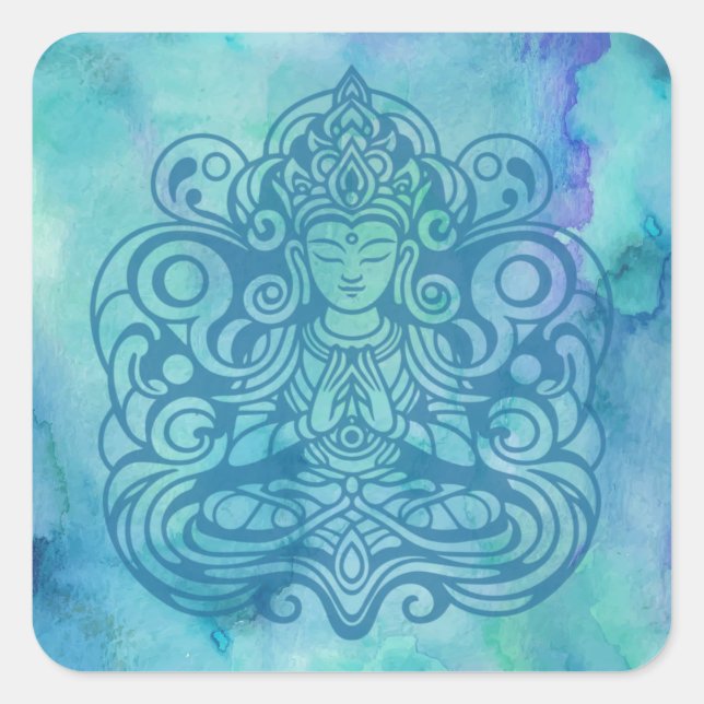 Buddha at Peace Blue Square Sticker (Front)
