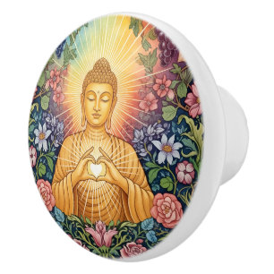 Buddha, Heart of light, Floral decor, Vintage Ceramic Knob