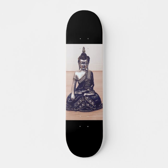 Buddha Metallic Statue on Wooden Floor Skateboard (Front)