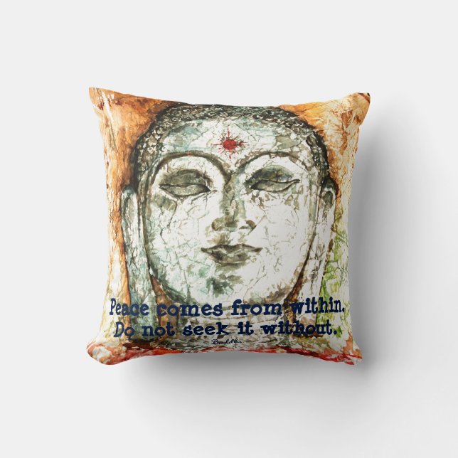 Buddha Peace Quote Watercolor Art Throw Pillow (Front)