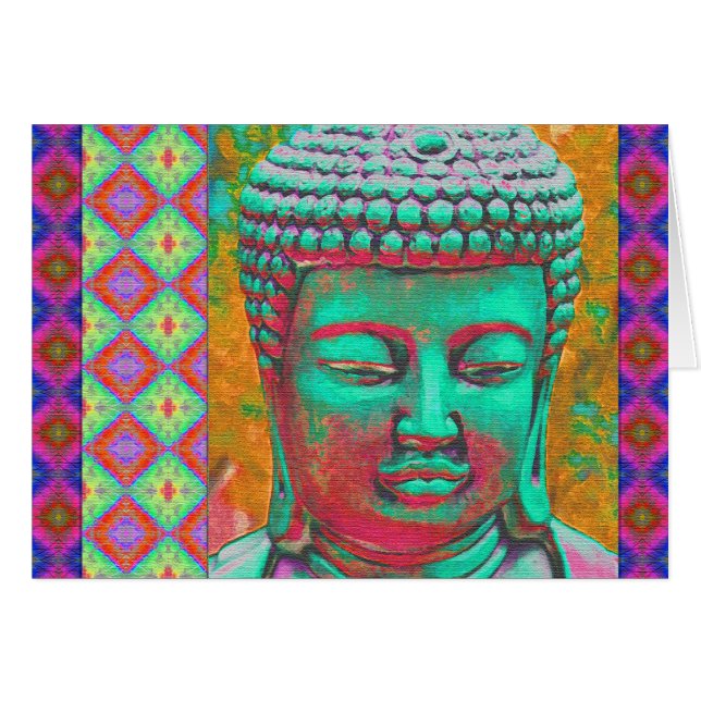 Buddha Pop with Patchwork Borders in Blue and Pink (Front Horizontal)